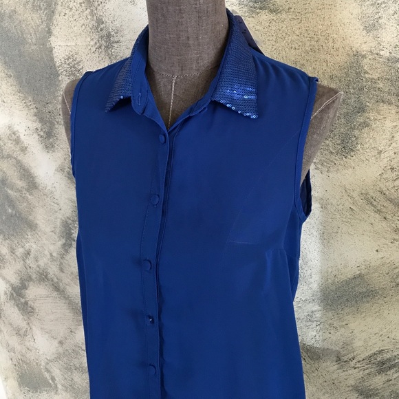 Forever 21 Tops - NWT Forever 21 Cobalt Blue Sequin Collar Sleeveless Button Down Blouse S